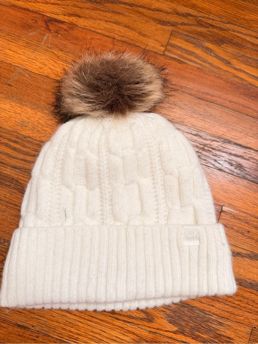 Calvin Klein Kids white Cable Knit Pom Beanie